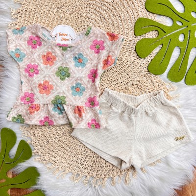 Conj. Blusa Flores Tipo Crochê e Short em Linho - Areia